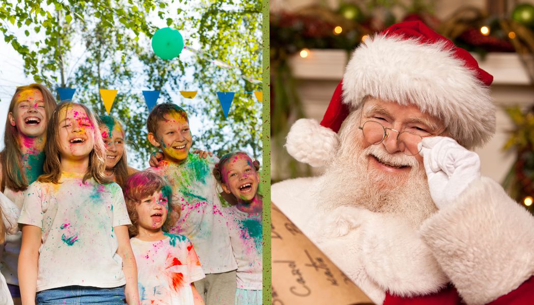 Families and children enjoying a Christmas party with decorations and activities